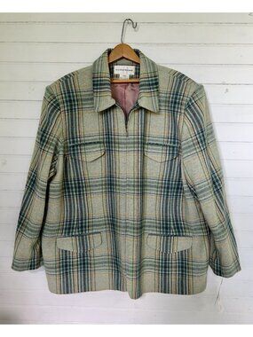 NWT Vintage Evan Picone Wool Blend Plaid Jacket 22W Green Zip Goblincore